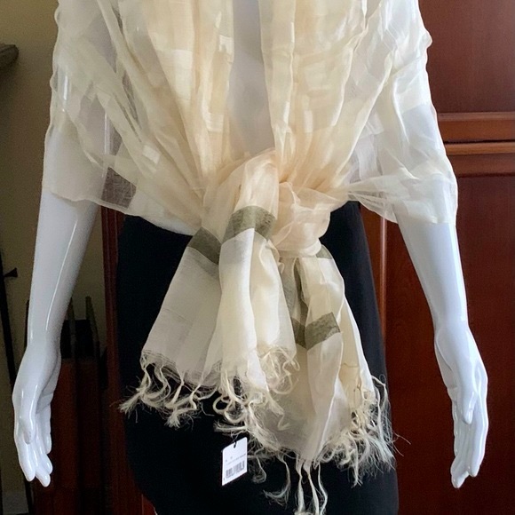 Silk & cotton blend cream color striped wrap extra long shawl - Picture 9 of 15